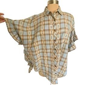 Ivy Jane Plaid Poncho Style Button Down Shirt Sz S/M Ruffle Boho Western Cowgirl